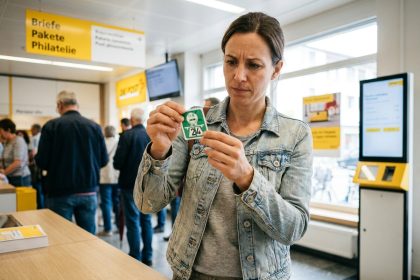Femme tenant une vignette autoroutière suisse dans un bureau de poste avant un road trip