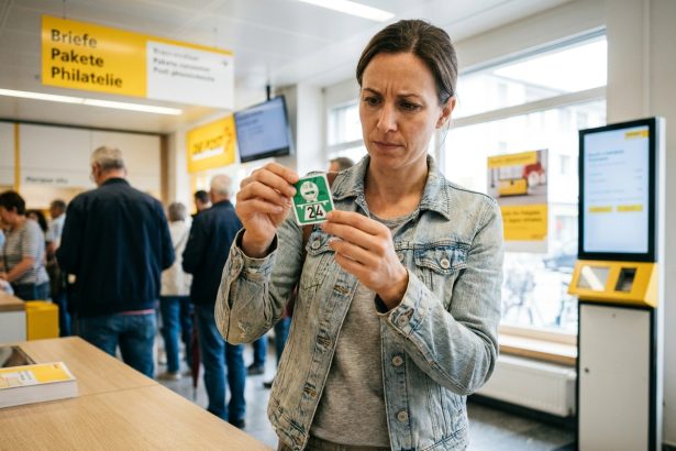 Femme tenant une vignette autoroutière suisse dans un bureau de poste avant un road trip