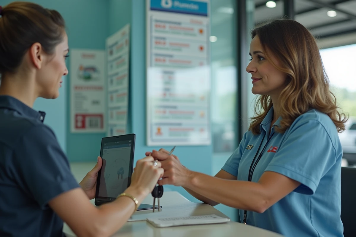 Touriste et employée d'agence de location voiture à l'aéroport de Madère examinant les options d'assurance