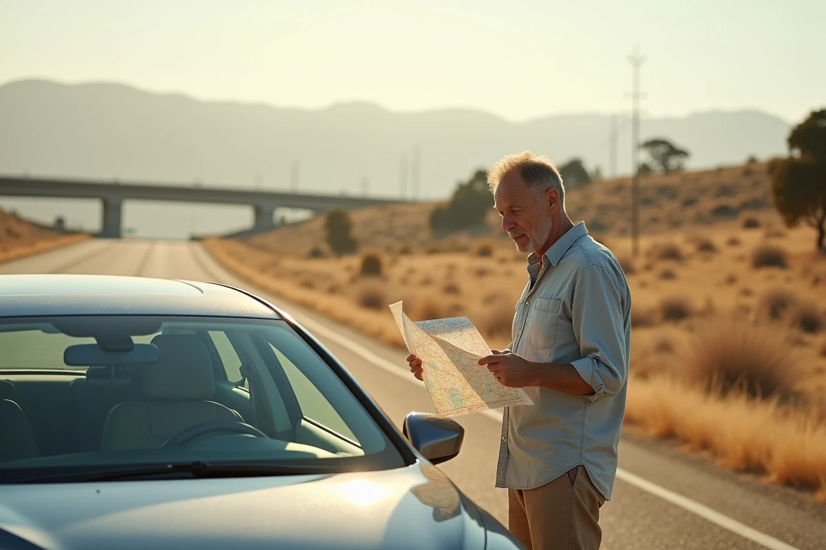 Homme consultant une carte routière à une aire de repos sur la route entre Los Angeles et San Francisco