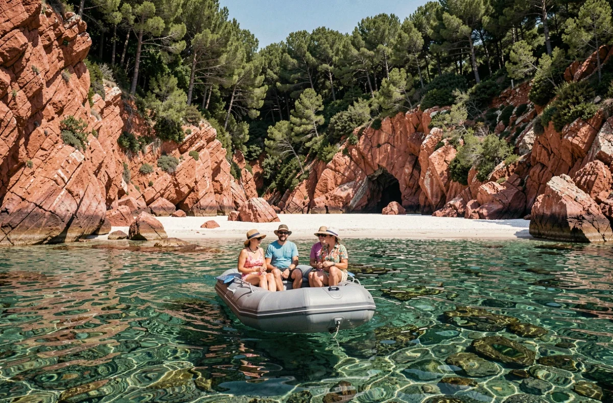 Touristes en annexe gonflable approchant une calanque secrète de Corse aux eaux turquoise lors d'une excursion de croisière