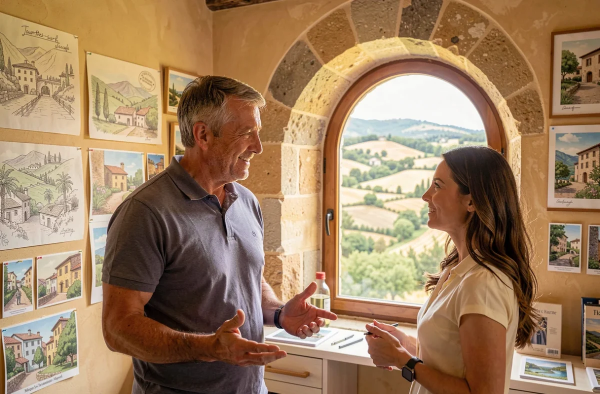 Agent de voyages en polo accueillant un couple dans la petite agence au caractère provençal d'Argos Voyages à Tourrettes-sur-Loup