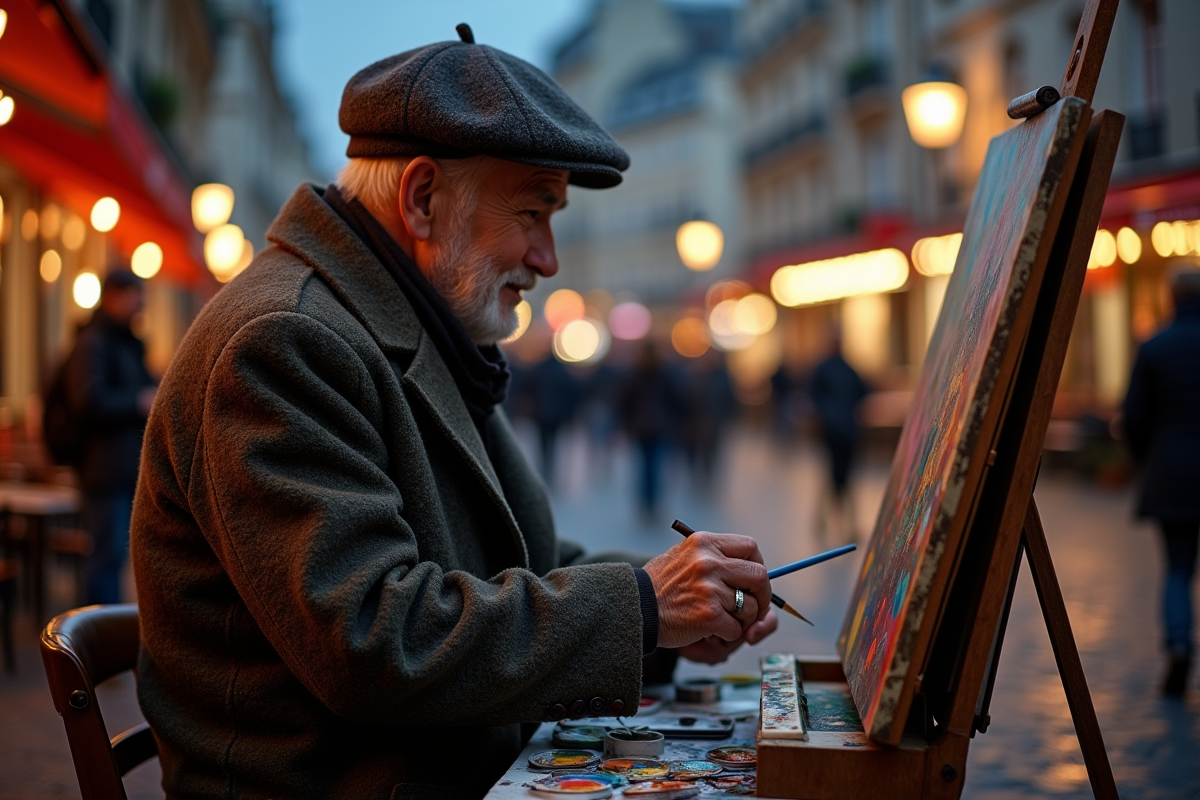 Artiste de rue peignant à Montmartre la nuit avec cafés et lumières