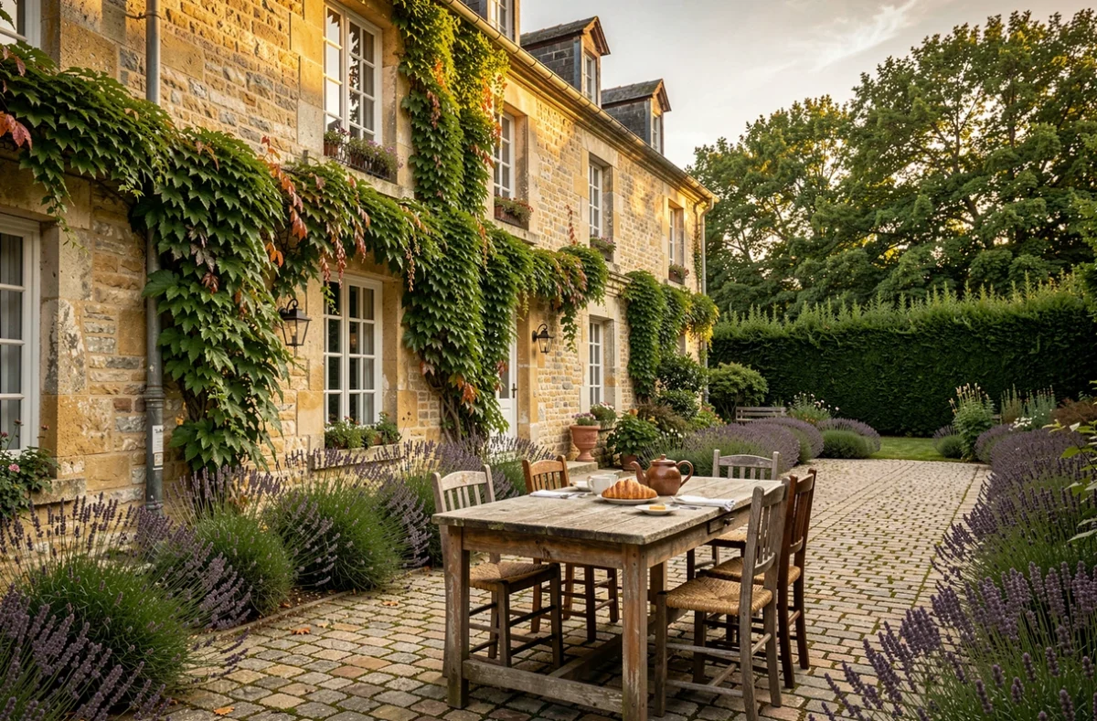 Cour intérieure en pierre de la maison d'hôtes Au Détour des Châteaux à Méhers, dressée pour le petit-déjeuner avec lavande et vigne vierge