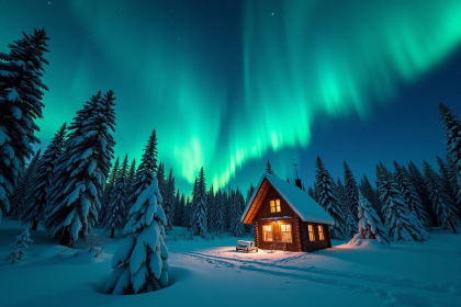 Aurores boréales colorées au-dessus d'une forêt enneigée avec cabane