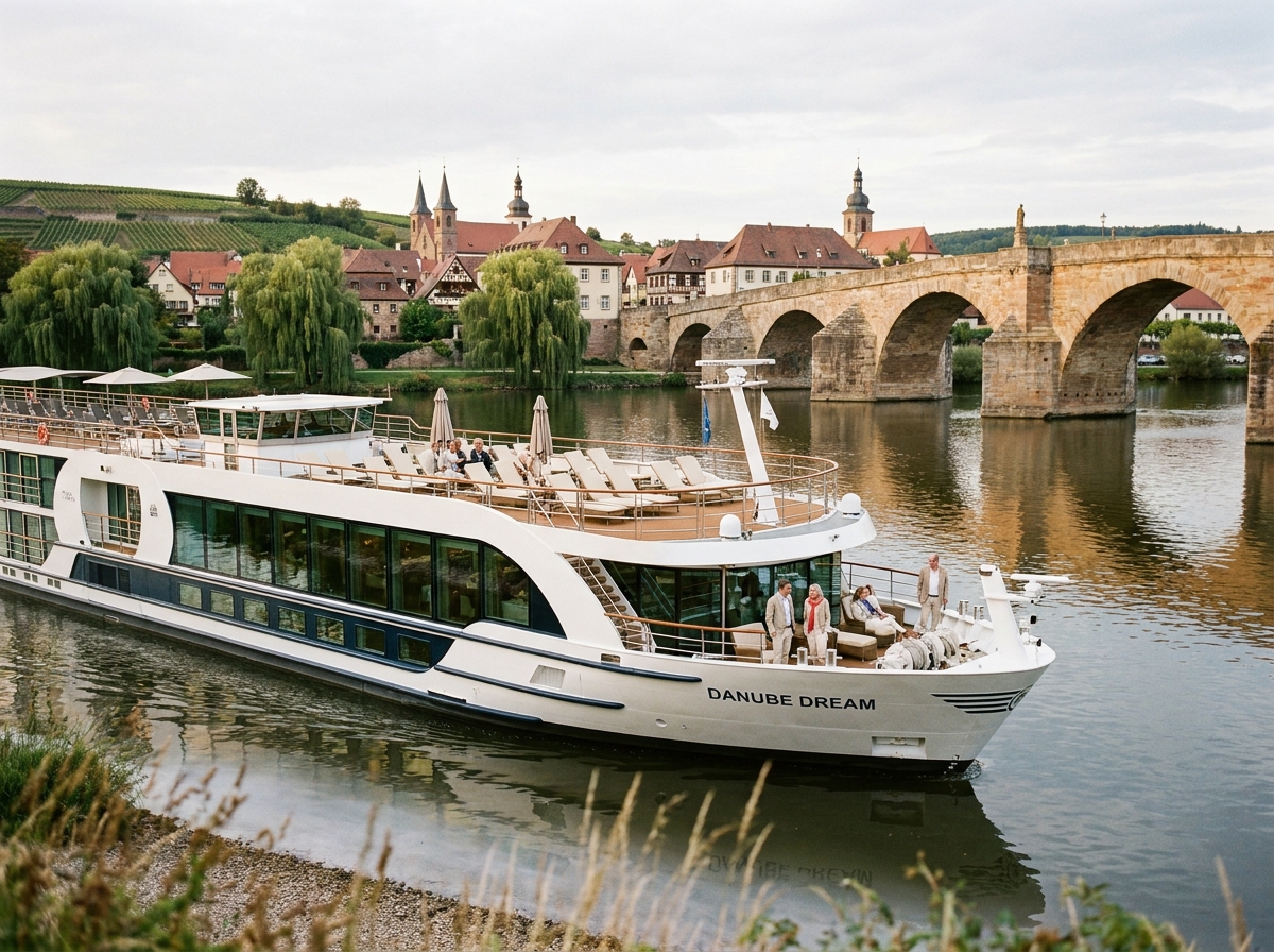 Bateau de croisière fluviale Rivages du Monde naviguant sur un fleuve européen avec terrasse panoramique et passagers en train de se détendre