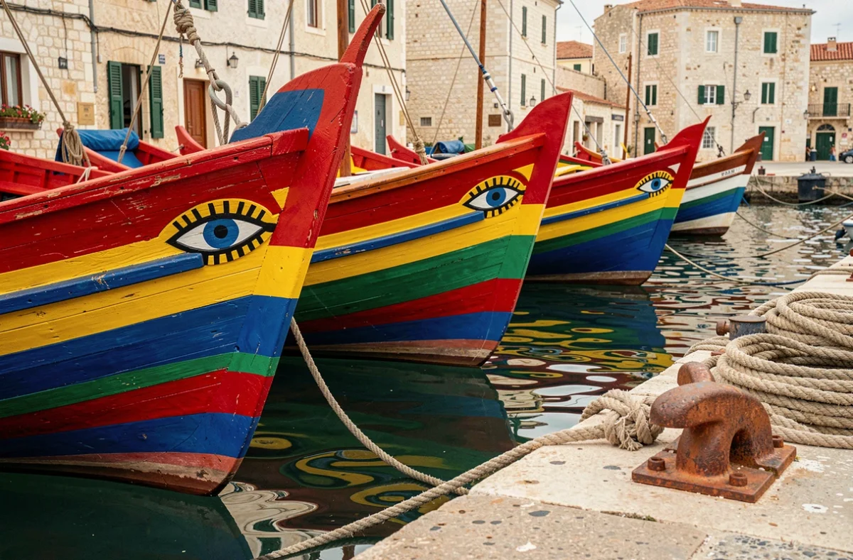 Bateaux de pêche traditionnels luzzu aux couleurs vives amarrés dans le port de Marsaxlokk avec l'œil d'Osiris peint sur la proue