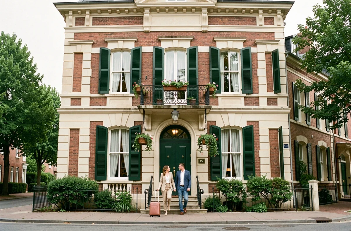 Façade bourgeoise de La Bâtisse de 1897 en brique rouge et pierre avec balcon en fer forgé et couple à l'entrée