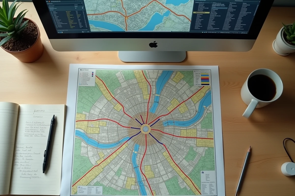 Bureau avec carte de Paris affichée sur écran d'ordinateur et carte papier dépliée