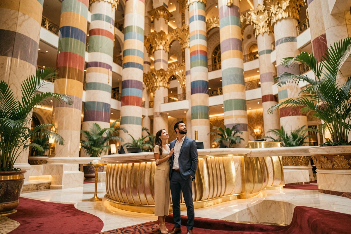 Couple élégant dans le hall intérieur luxueux du Burj Al Arab avec décoration dorée et colonnes ornementales