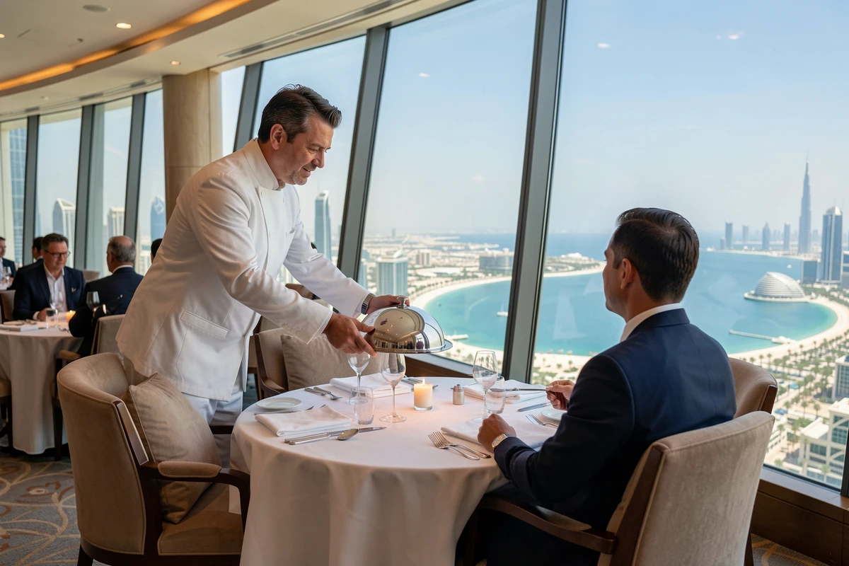 Service gastronomique élégant au restaurant panoramique du Burj Al Arab avec vue sur le littoral de Dubaï