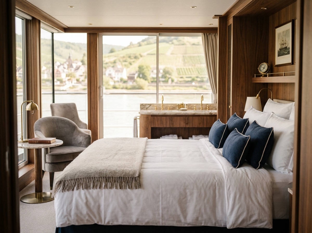Cabine Prestige d'un bateau de croisière fluviale avec fenêtres panoramiques, literie luxueuse et décoration raffinée en bois de noyer