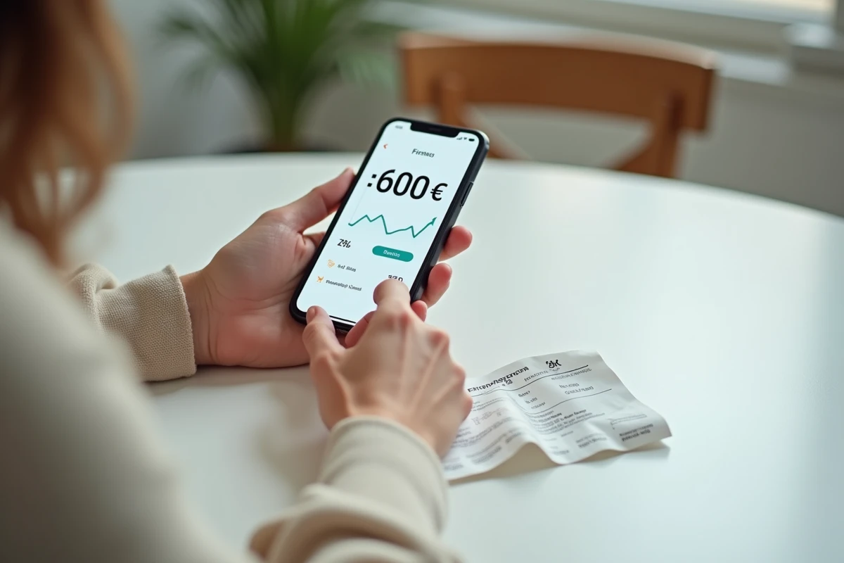 Mains tenant un smartphone affichant le calcul de commission sur une indemnité de vol avec un billet d'avion froissé sur la table