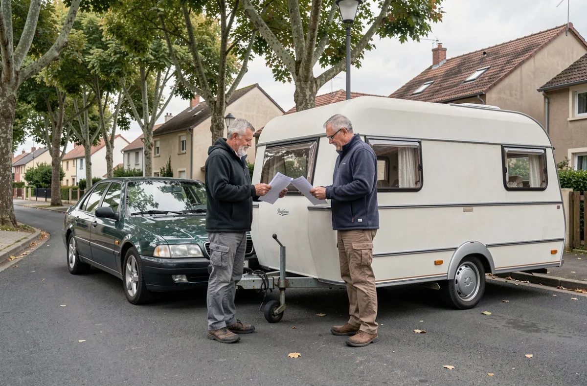 Couple vérifiant l'attelage d'une caravane Eriba Touring d'occasion à une voiture dans une rue résidentielle française