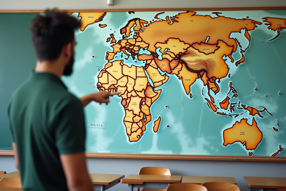 Carte physique de l'Asie accrochée dans une salle de classe avec des épingles marquant les capitales des pays asiatiques