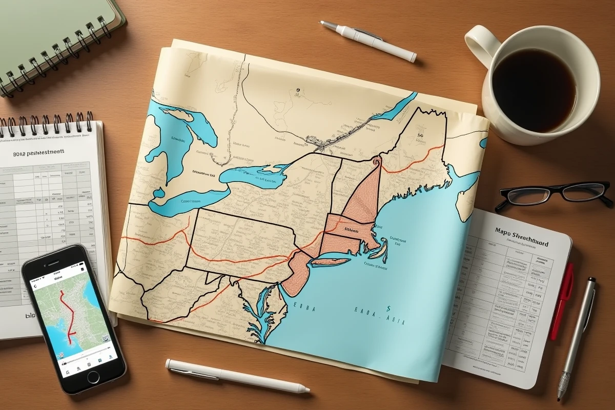 Vue du dessus d'un bureau avec carte routière et budget de voyage sur le trajet New York Boston