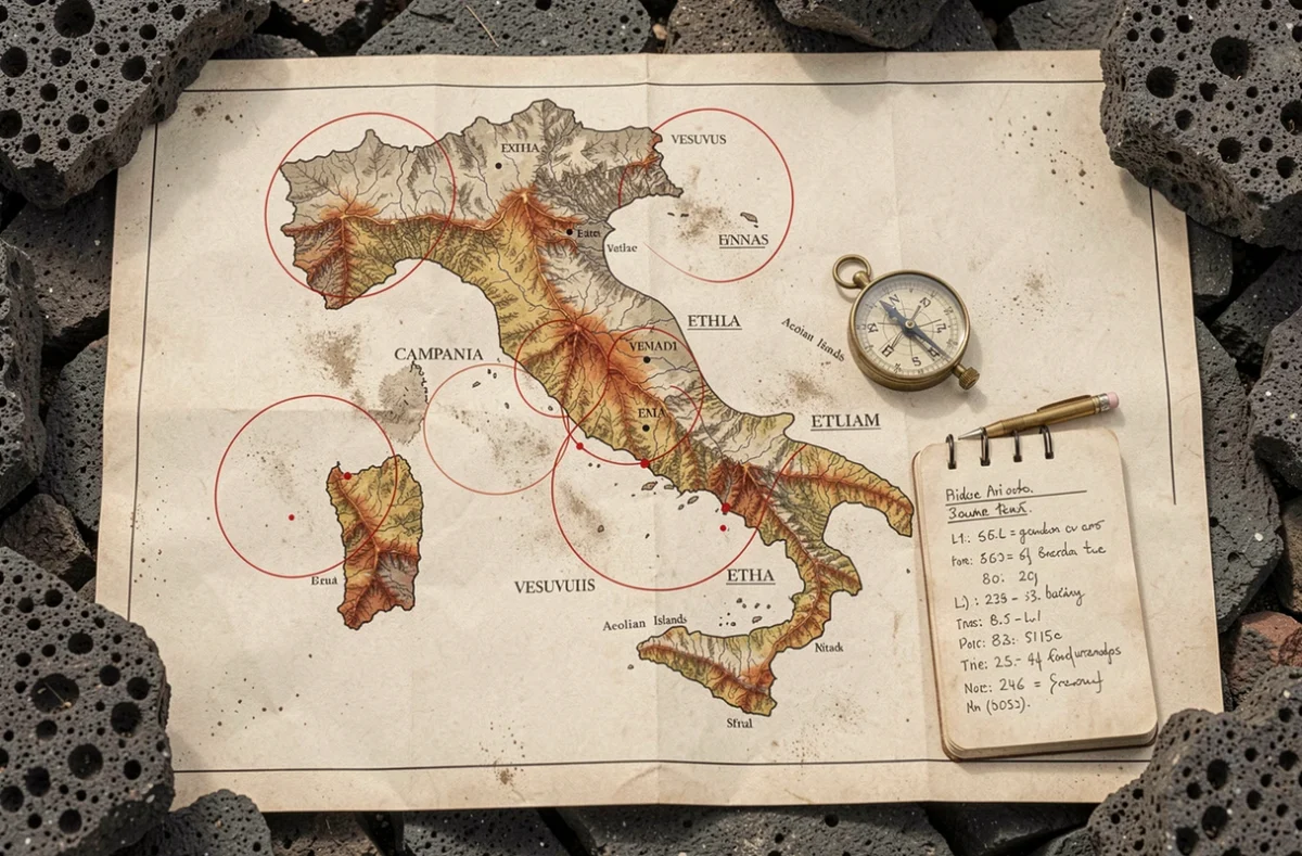 Carte détaillée des volcans d'Italie avec boussole et notes de terrain sur roche volcanique