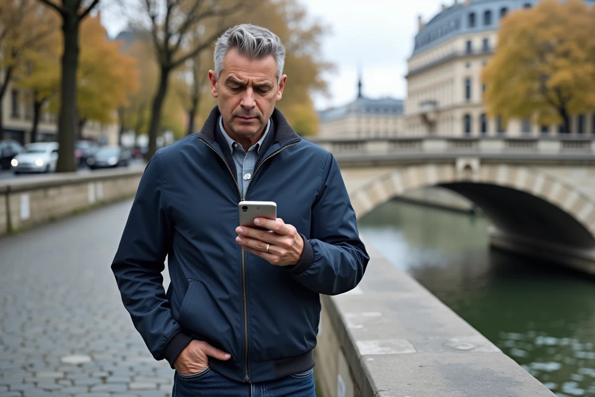 Homme consultant une carte numérique de Paris sur smartphone près de la Seine