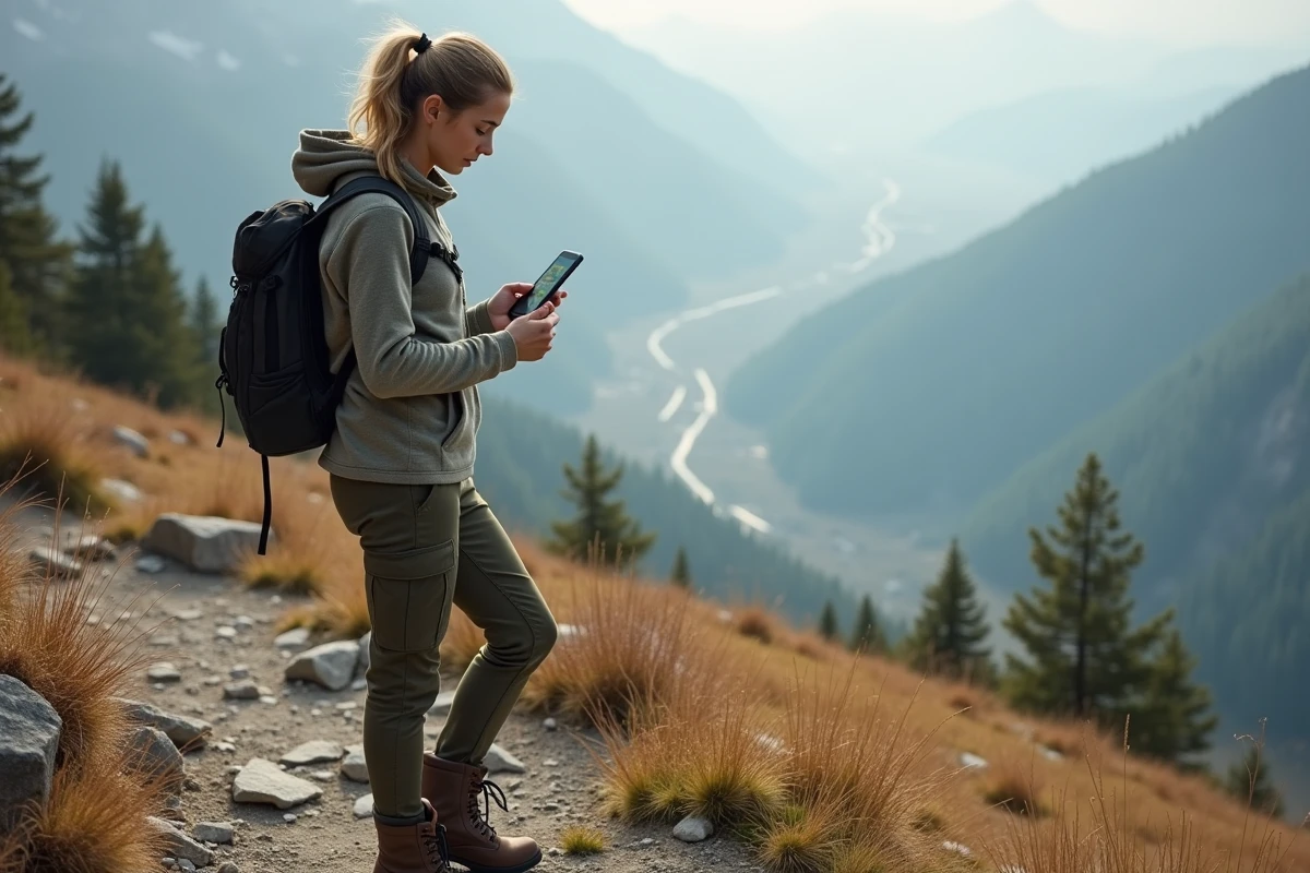 Randonneuse utilisant une carte hors ligne sur téléphone en montagne sans réseau mobile