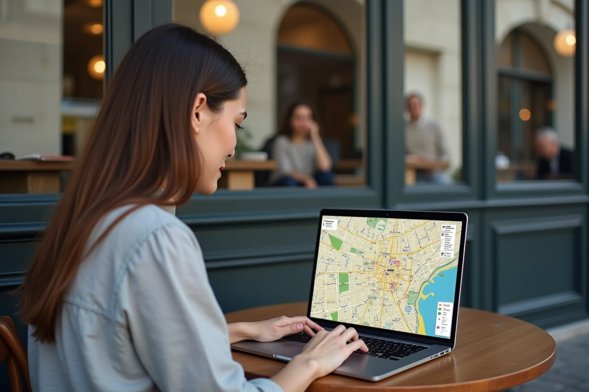 Femme utilisant une carte interactive de Paris sur un ordinateur portable dans un café parisien