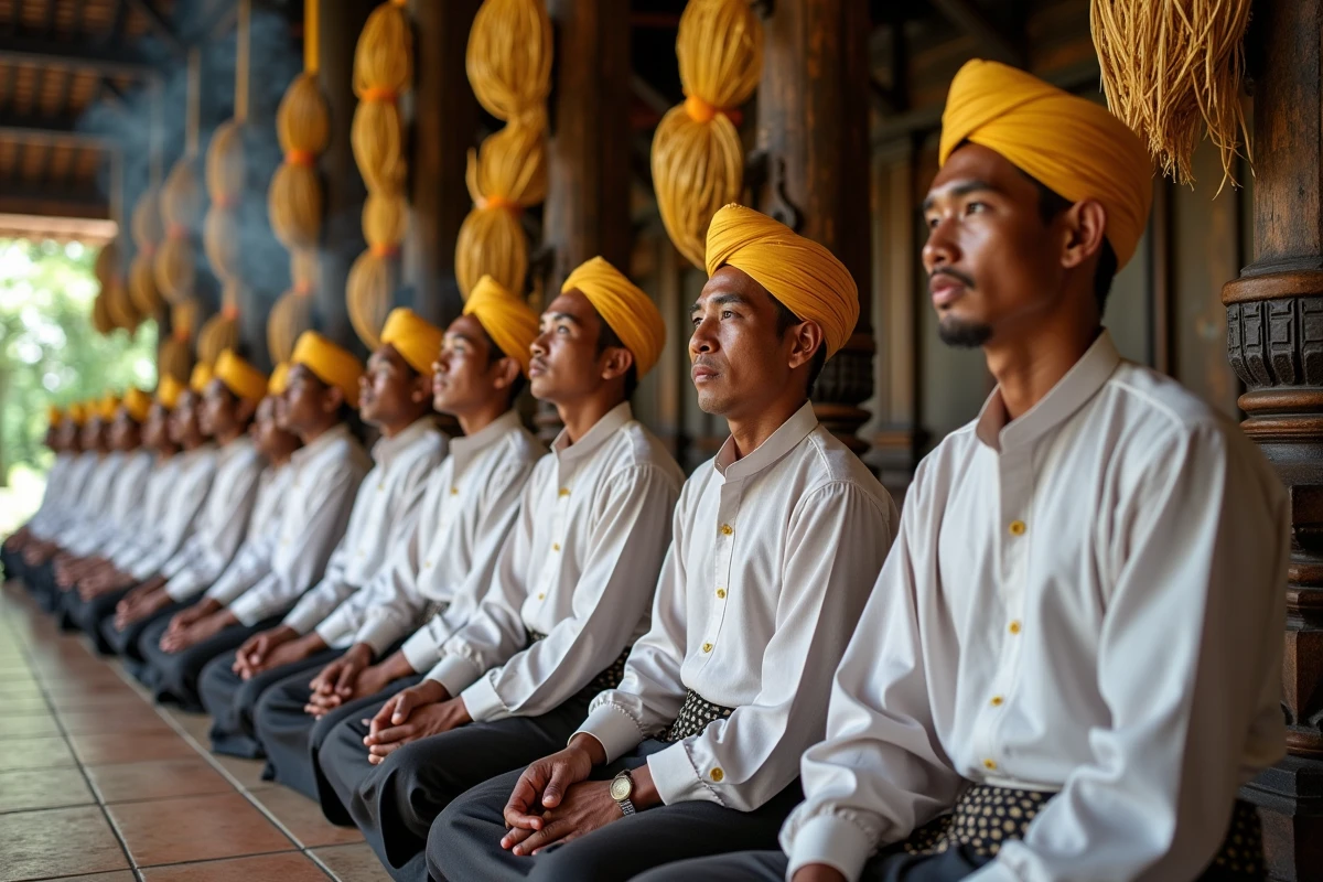 Hommes balinais en tenue cérémonielle traditionnelle lors d'une cérémonie odalan dans un temple hindou de Bali