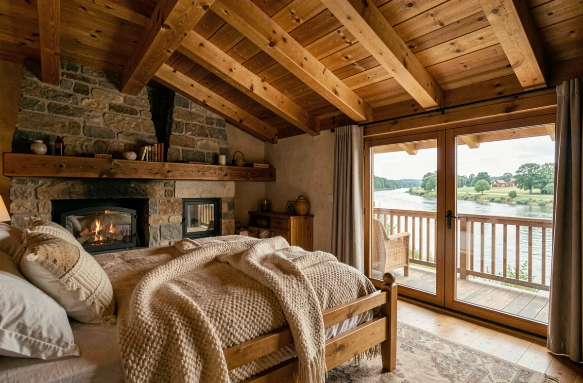 Chambre chaleureuse du Chalet Olivet à Olivet avec plafond en pin, cheminée en pierre et vue sur le Loiret depuis le balcon