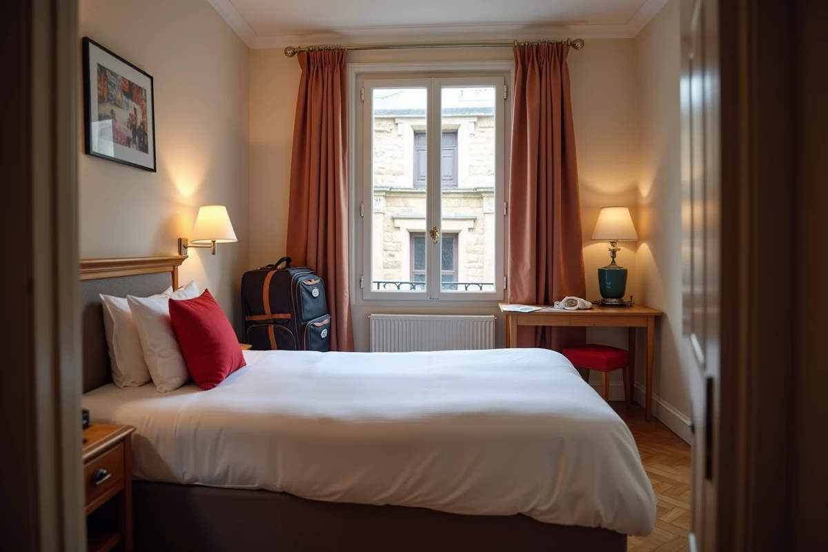 Chambre double standard de l'hôtel Ibis Libourne avec literie blanche, bureau en bois et vue sur la ville de Libourne
