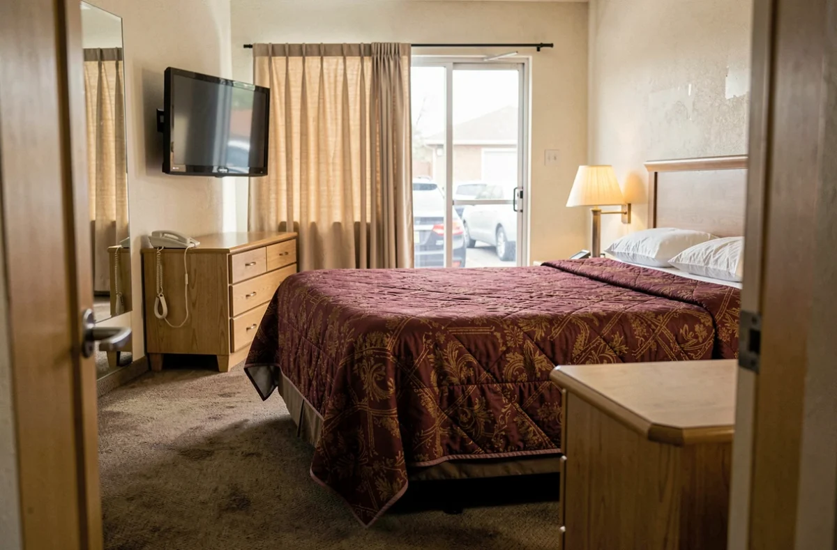 Intérieur d'une chambre de motel avec lit double, télévision murale et vue sur le parking, décoration simple et fonctionnelle