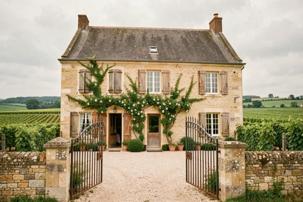 Façade typique d'une chambre d'hôtes en pierre en Centre-Val de Loire, entourée de vignes et de campagne verdoyante