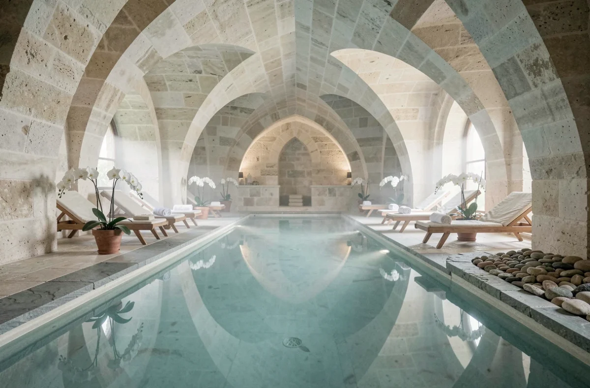 Espace spa en voûtes de tuffeau du Château de Jallanges à Vernou-sur-Brenne, avec piscine chauffée et orchidées blanches