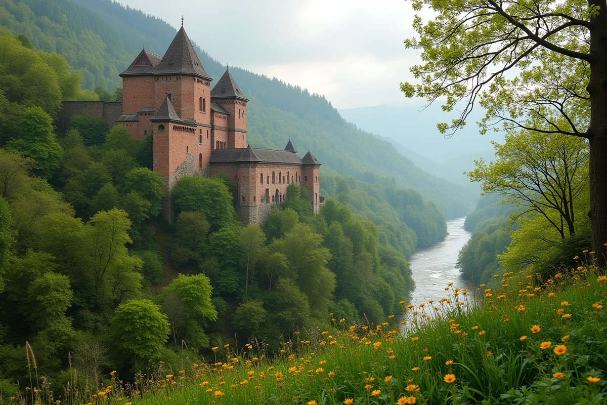 Vue panoramique du château de Heidelberg entouré de verdure printanière depuis le Philosophenweg