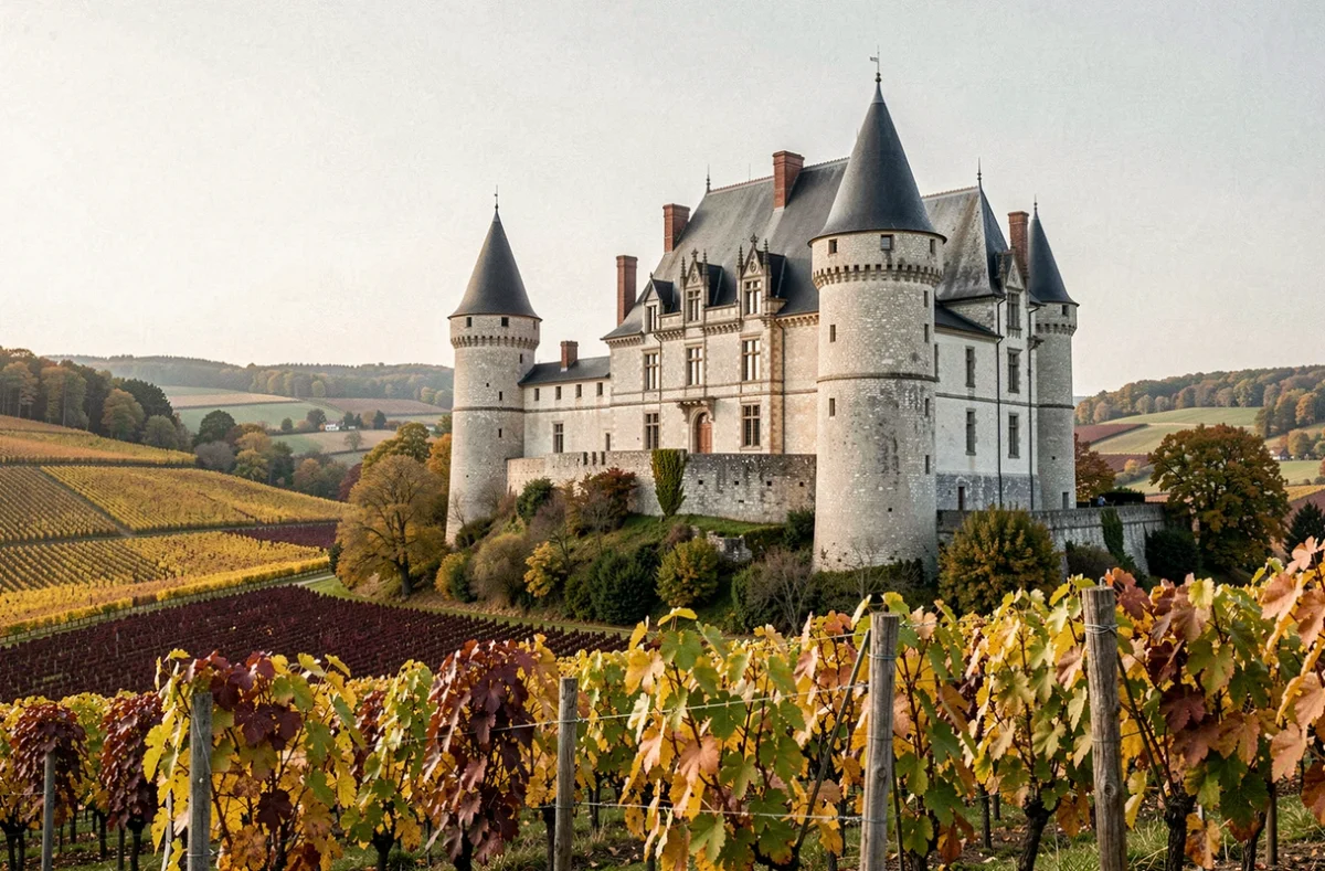 Château de Pramenoux avec ses tours médiévales entourées de vignes aux couleurs automnales en Beaujolais