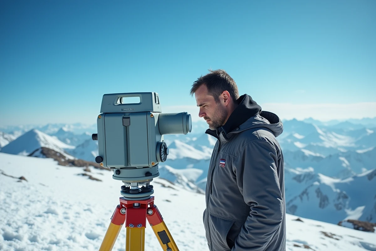 Cartographe utilisant un instrument géodésique au sommet enneigé du Chimborazo en Équateur, illustrant le critère géodésique de distance depuis le centre de la Terre