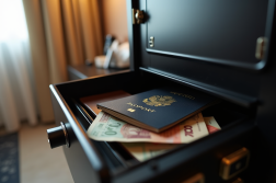 Coffre-fort de voyage fermé avec passeport et argent