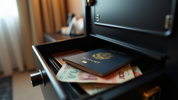 Coffre-fort de voyage fermé avec passeport et argent