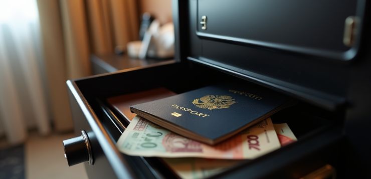 Coffre-fort de voyage fermé avec passeport et argent
