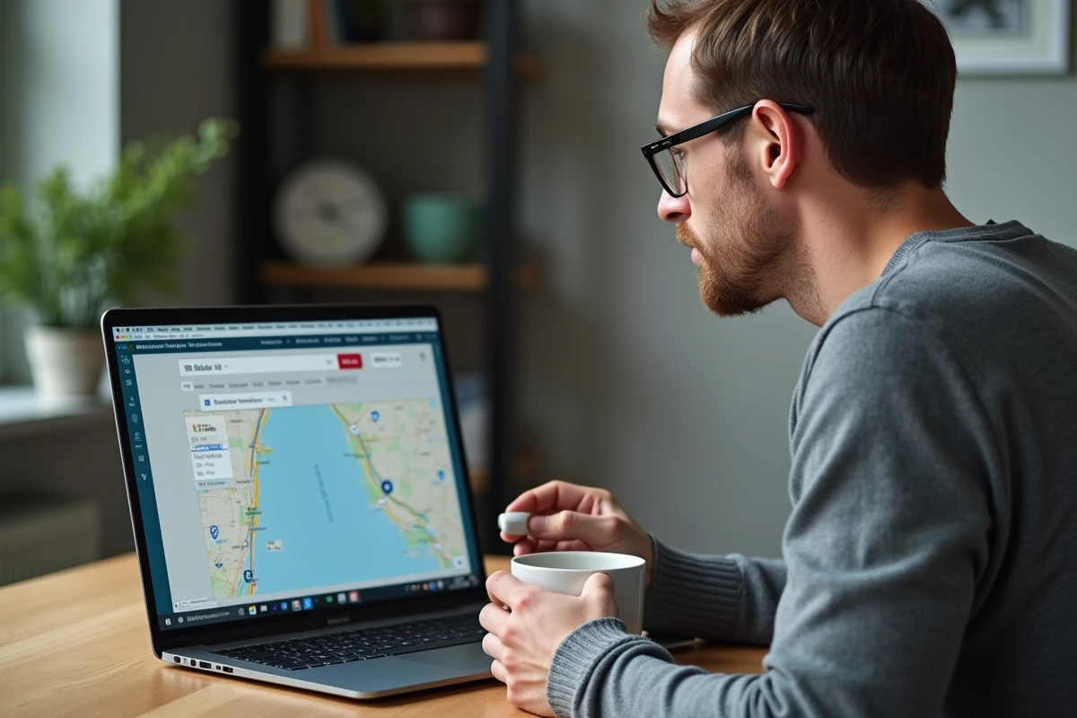 Homme comparant deux services de cartographie en ligne sur un ordinateur portable pour choisir le meilleur itinéraire