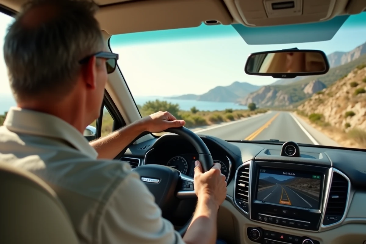Conducteur consultant un GPS sur la route entre Propriano et Ajaccio en Corse