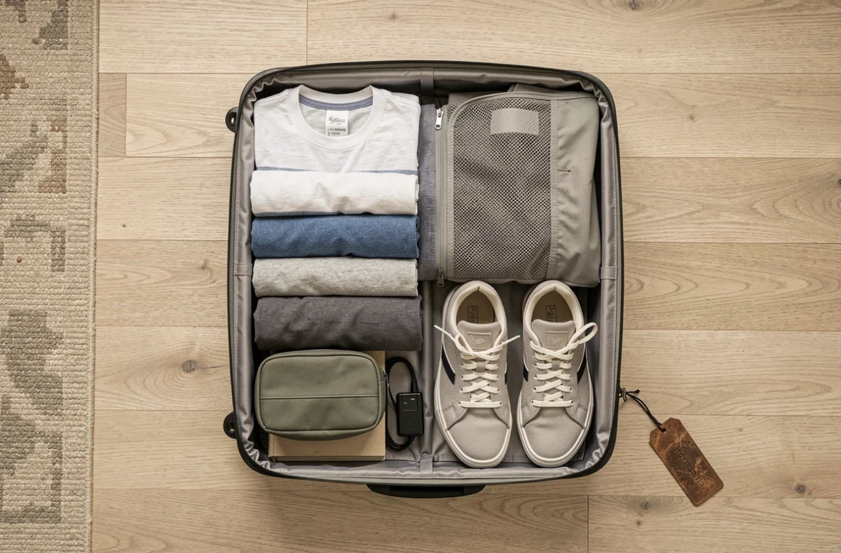 Vue du dessus d'une valise ouverte et soigneusement organisée posée sur un plancher en bois, montrant un exemple de contenu pour 15 kg de bagages