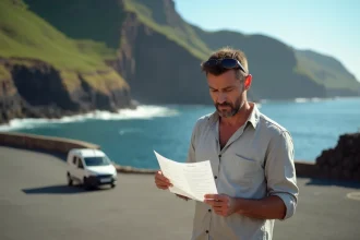 Homme frustré lisant un contrat de location de voiture à Madère avec des falaises volcaniques en arrière-plan