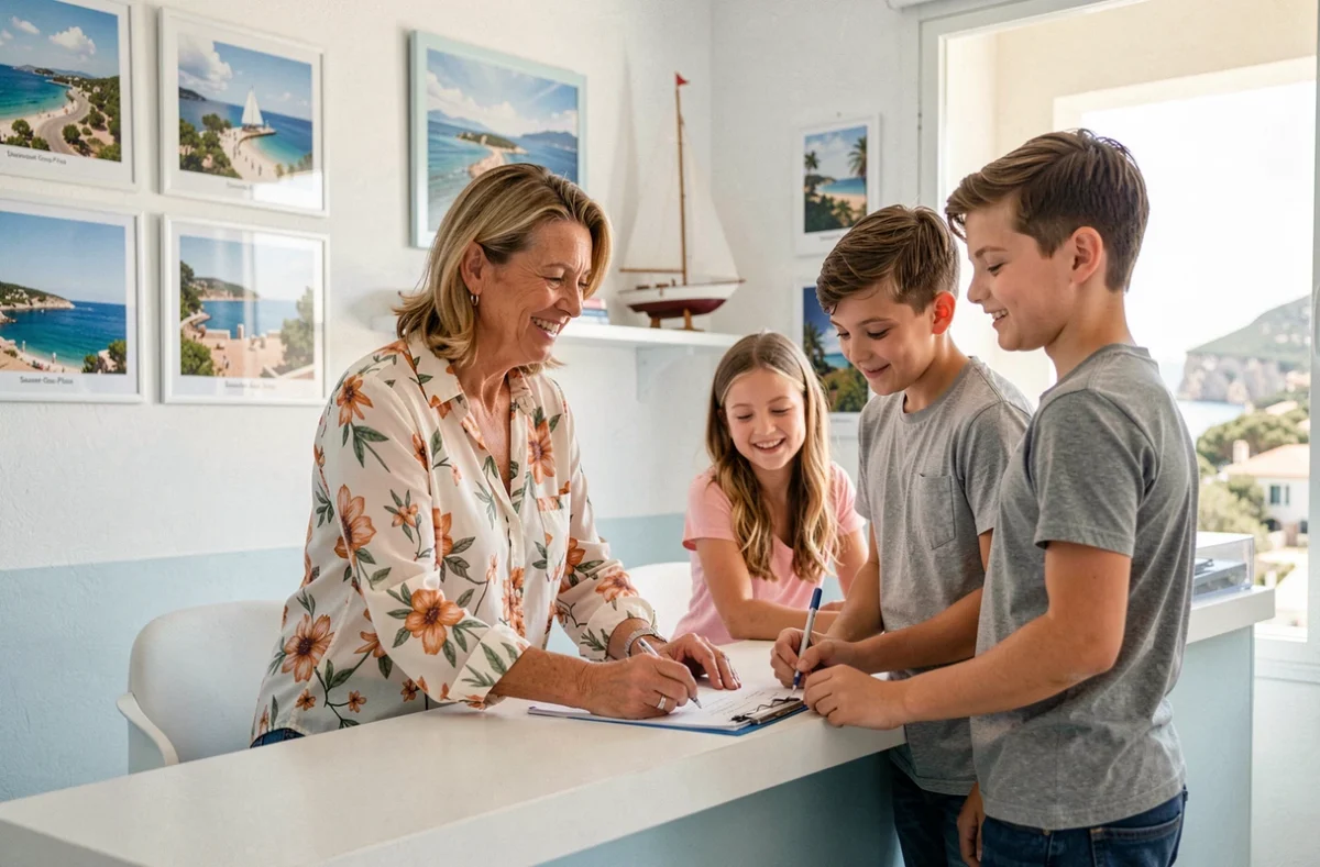 Agente familiale en blouse fleurie aidant une famille à planifier leurs vacances dans l'agence de Sausset-les-Pins aux couleurs de la Côte Bleue