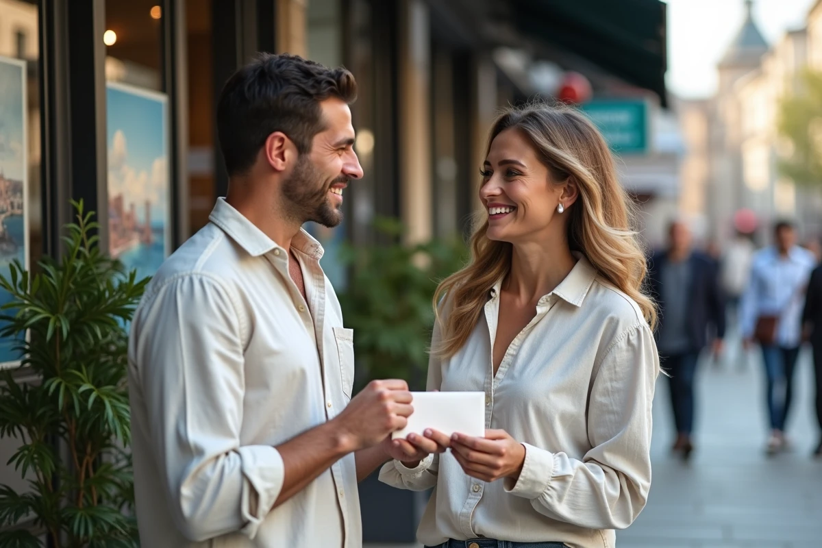Couple devant une agence Selectour recevant une carte cadeau voyage, scène urbaine authentique