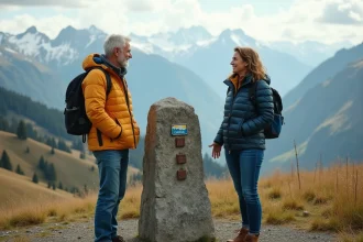 Couple en vêtements d'automne devant un panneau de frontière alpine