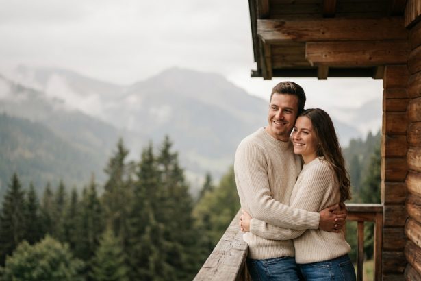 Couple souriant sur balcon en montagne avec forêt