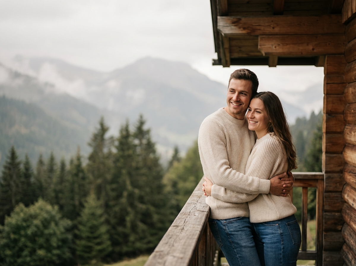 Couple souriant sur balcon en montagne avec forêt