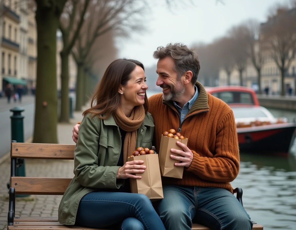 Couple assis sur un banc de l'Île Saint-Louis à Paris partageant des marrons chauds avec une péniche en arrière-plan