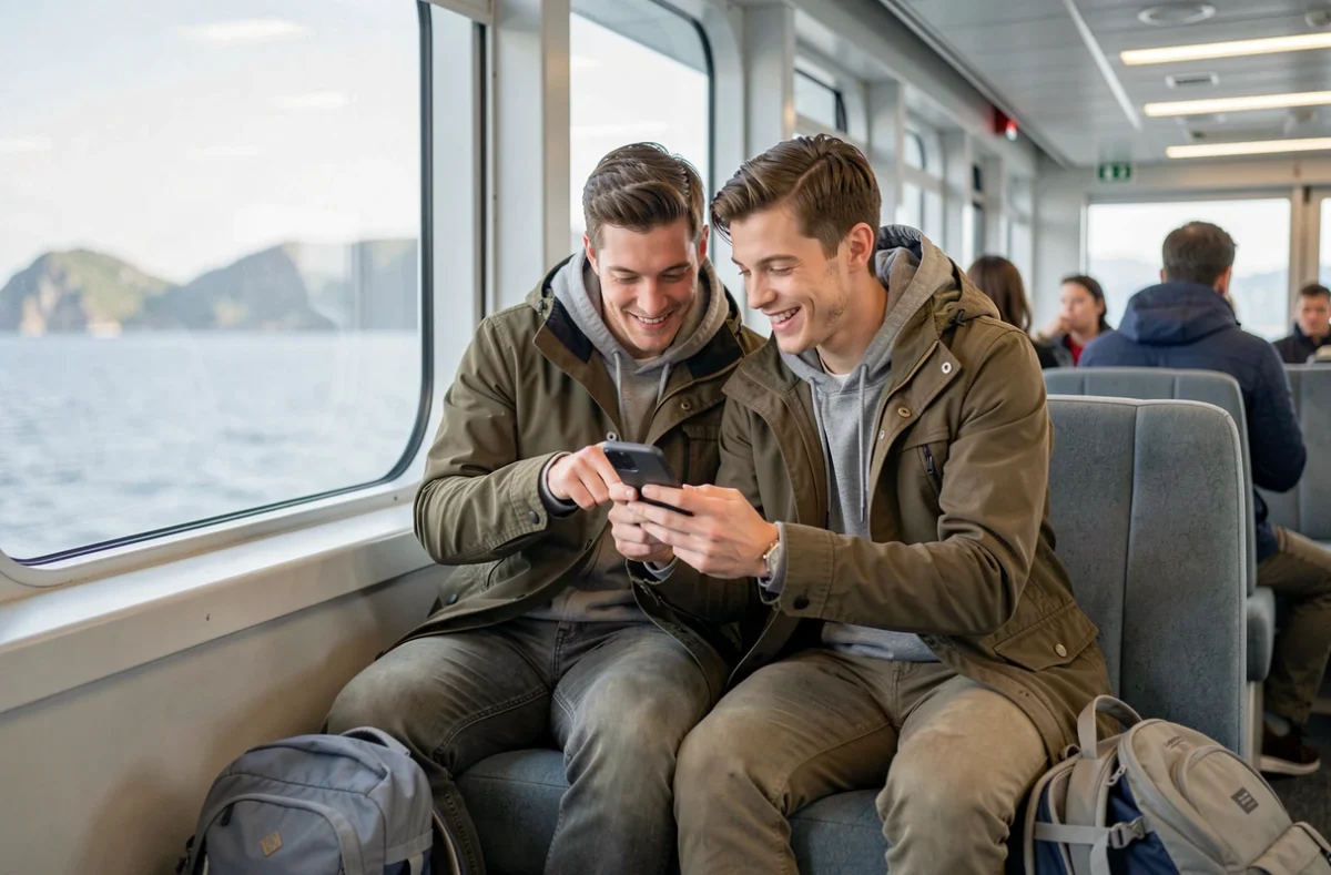 Couple consultant les options de billet ferry sur smartphone dans le salon d'un ferry, après réservation sur DirectFerry