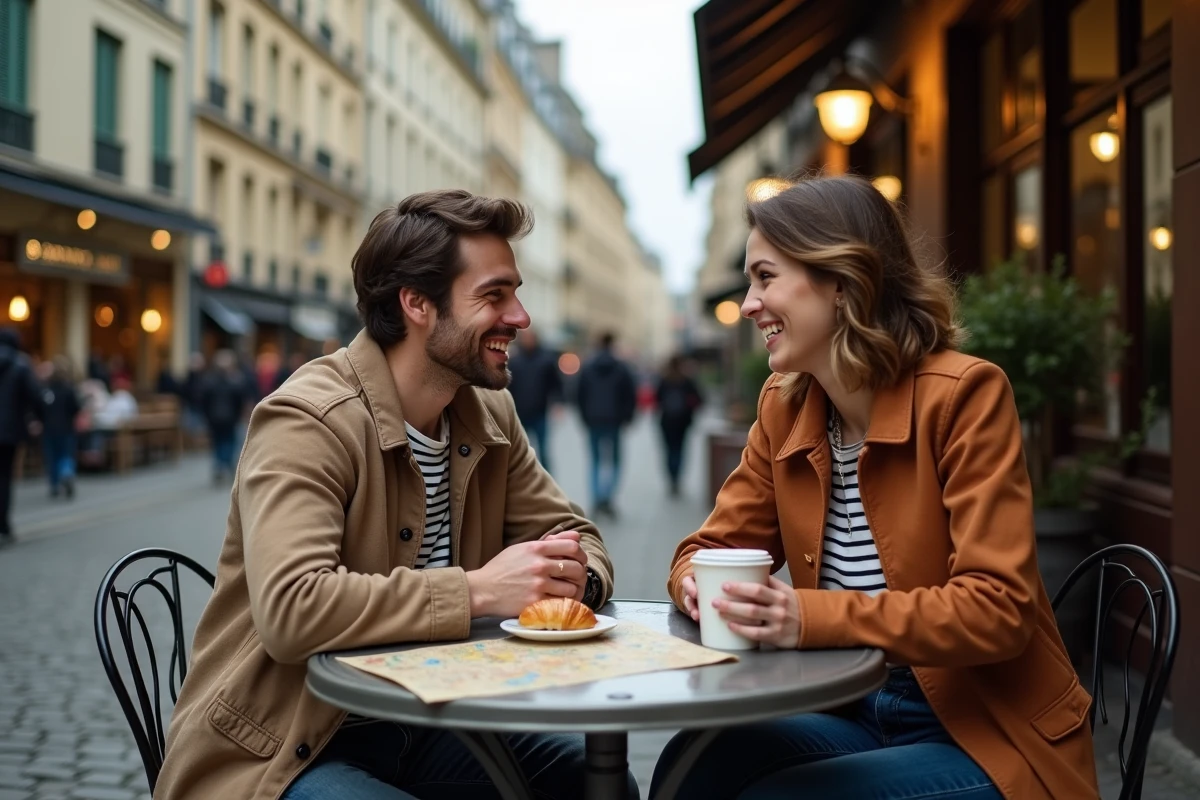 Couple en pause café en terrasse d'un bistrot parisien près de Montmartre pendant une balade à pied depuis la Gare du Nord