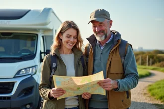 Couple en camping normand regardant une carte
