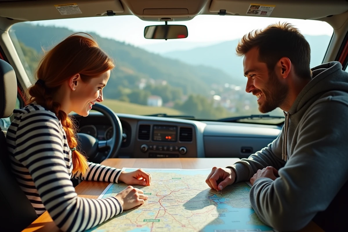 Couple planifiant leur itinéraire avec une carte Michelin dépliée à l'intérieur d'un van aménagé avec vue sur la campagne française
